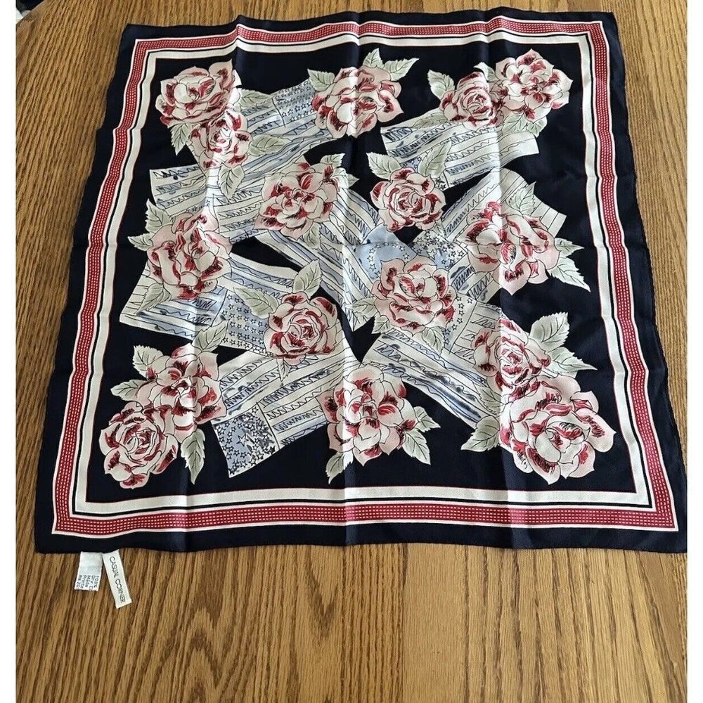 Casual Corner Vintage Scarf 100% Silk Floral Square with Pink Roses 21”X 21”